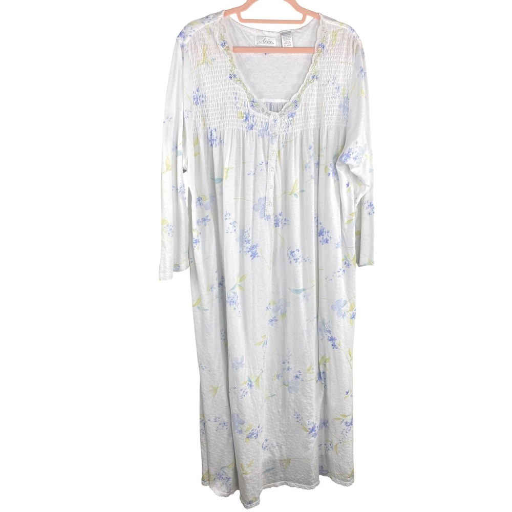 Aria Womens Floral Smocked Nightgown XL White Blue Lace Sleepwear Maxi Embroider